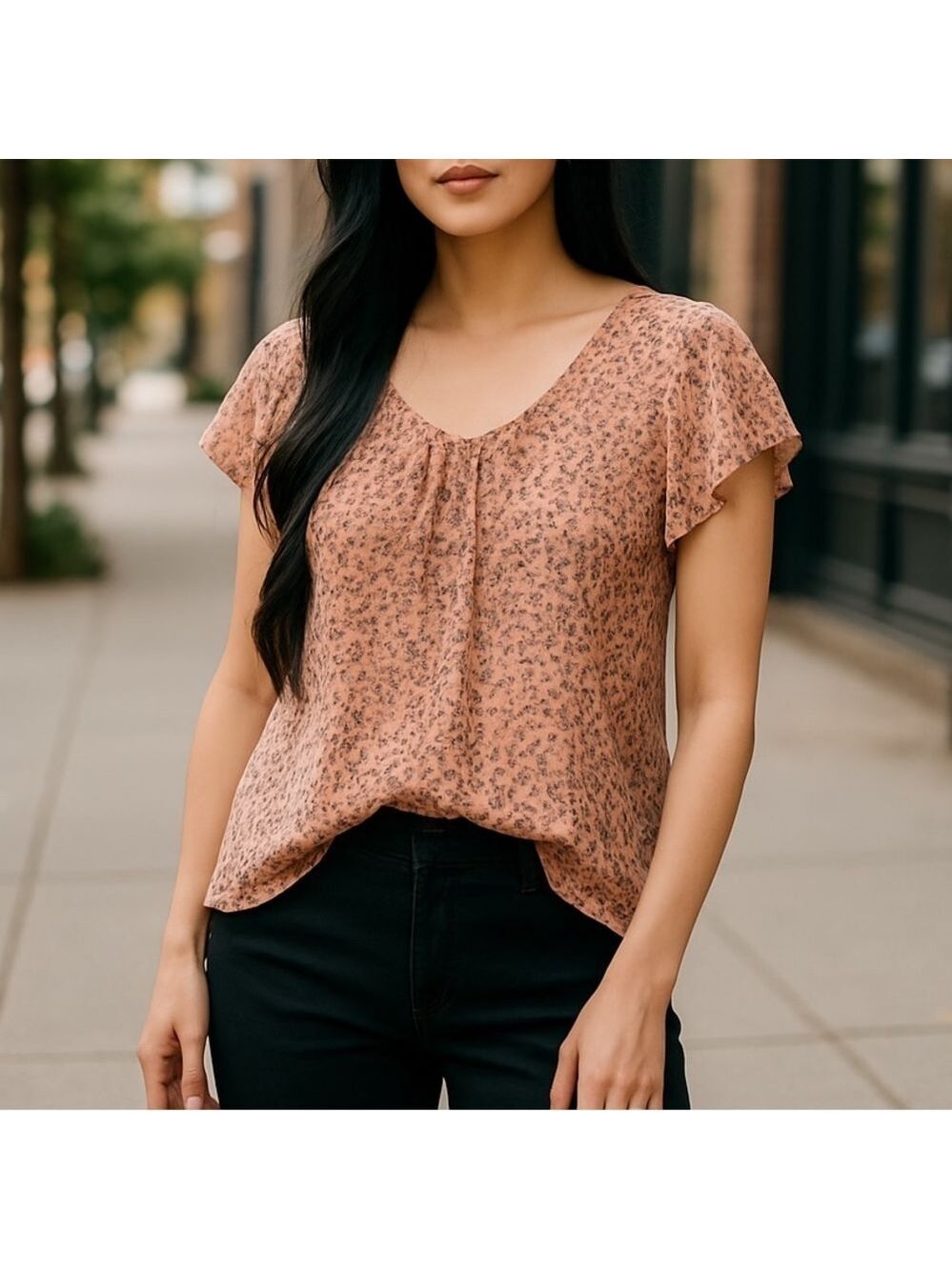Banana Republic 100% Silk Peach Print Blouse Womens Large Sheer Cap Sleeve Top